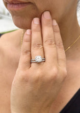 Load image into Gallery viewer, Cushion Cut Moissanite and Round Cut Sides Engagement Ring And Curved Matching Band 14k Solid White Gold Halo Style Wedding Bridal Set 3.00