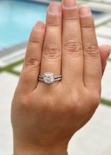Load image into Gallery viewer, Cushion Cut Moissanite and Round Cut Sides Engagement Ring And Curved Matching Band 14k Solid White Gold Halo Style Wedding Bridal Set 3.00