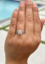 Load image into Gallery viewer, Cushion Cut Moissanite and Round Cut Sides Engagement Ring And Curved Matching Band 14k Solid White Gold Halo Style Wedding Bridal Set 3.00