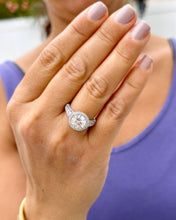 Load image into Gallery viewer, Round Cut Moissanite And Natural Round Diamonds Sides In 14k Solid Heavy White Gold Engagement Ring Bridal Halo Filigree Antique Style 3.20