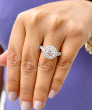 Load image into Gallery viewer, Round Cut Moissanite And Natural Round Diamonds Sides In 14k Solid Heavy White Gold Engagement Ring Bridal Halo Filigree Antique Style 3.20