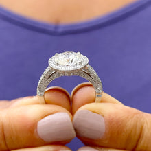 Load image into Gallery viewer, Round Cut Moissanite And Natural Round Diamonds Sides In 14k Solid Heavy White Gold Engagement Ring Bridal Halo Filigree Antique Style 3.20