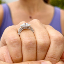 Load image into Gallery viewer, Round Cut Moissanite And Natural Round Diamonds Sides In 14k Solid Heavy White Gold Engagement Ring Bridal Halo Filigree Antique Style 3.20