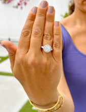 Load image into Gallery viewer, Round Cut Moissanite And Natural Round Diamonds Sides In 14k Solid Heavy White Gold Engagement Ring Bridal Halo Filigree Antique Style 3.20