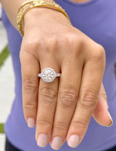 Load image into Gallery viewer, Round Cut Moissanite And Natural Round Diamonds Sides In 14k Solid Heavy White Gold Engagement Ring Bridal Halo Filigree Antique Style 3.20