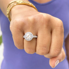 Load image into Gallery viewer, Round Cut Moissanite And Natural Round Diamonds Sides In 14k Solid Heavy White Gold Engagement Ring Bridal Halo Filigree Antique Style 3.20