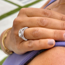 Load image into Gallery viewer, Round Cut Moissanite And Natural Round Diamonds Sides In 14k Solid Heavy White Gold Engagement Ring Bridal Halo Filigree Antique Style 3.20