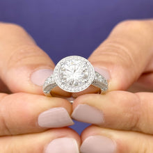 Load image into Gallery viewer, Round Cut Moissanite And Natural Round Diamonds Sides In 14k Solid Heavy White Gold Engagement Ring Bridal Halo Filigree Antique Style 3.20