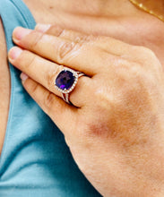 Load image into Gallery viewer, Cushion Cut Natural Amethyst And Round Cut Natural Diamonds Ring In 14k Solid Yellow Gold Anniversary Engagement Halo Split Shank Style 5.70