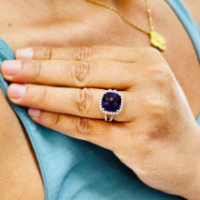 Load image into Gallery viewer, Cushion Cut Natural Amethyst And Round Cut Natural Diamonds Ring In 14k Solid Yellow Gold Anniversary Engagement Halo Split Shank Style 5.70