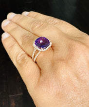 Load image into Gallery viewer, Cushion Cut Natural Amethyst And Round Cut Natural Diamonds Ring In 14k Solid Yellow Gold Anniversary Engagement Halo Split Shank Style 5.70