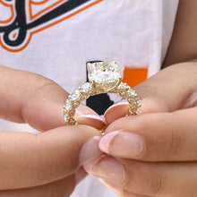 Load image into Gallery viewer, Cushion Cut And Round Cut Side Diamond Engagement Ring IGI Certified Double Halo 14k Solid Yellow Gold Bridal Halo Wedding Ring 7.50ctw