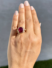 Load image into Gallery viewer, Oval Ruby And Round Cut Lab CVD Diamond Sides Right Hand Ring Filigree design Engagement Anniversary Ring In 14k Solid Yellow Gold 7.50ctw