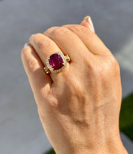 Load image into Gallery viewer, Oval Ruby And Round Cut Lab CVD Diamond Sides Right Hand Ring Filigree design Engagement Anniversary Ring In 14k Solid Yellow Gold 7.50ctw