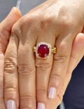 Load image into Gallery viewer, Oval Ruby And Round Cut Lab CVD Diamond Sides Right Hand Ring Filigree design Engagement Anniversary Ring In 14k Solid Yellow Gold 7.50ctw