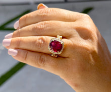 Load image into Gallery viewer, Oval Ruby And Round Cut Lab CVD Diamond Sides Right Hand Ring Filigree design Engagement Anniversary Ring In 14k Solid Yellow Gold 7.50ctw