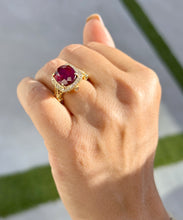 Load image into Gallery viewer, Oval Ruby And Round Cut Lab CVD Diamond Sides Right Hand Ring Filigree design Engagement Anniversary Ring In 14k Solid Yellow Gold 7.50ctw