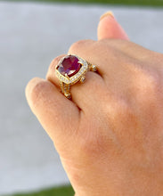 Load image into Gallery viewer, Oval Ruby And Round Cut Lab CVD Diamond Sides Right Hand Ring Filigree design Engagement Anniversary Ring In 14k Solid Yellow Gold 7.50ctw