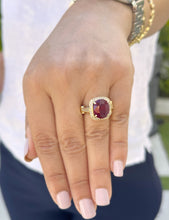 Load image into Gallery viewer, Oval Ruby And Round Cut Lab CVD Diamond Sides Right Hand Ring Filigree design Engagement Anniversary Ring In 14k Solid Yellow Gold 7.50ctw