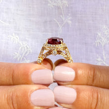 Load image into Gallery viewer, Oval Ruby And Round Cut Lab CVD Diamond Sides Right Hand Ring Filigree design Engagement Anniversary Ring In 14k Solid Yellow Gold 7.50ctw