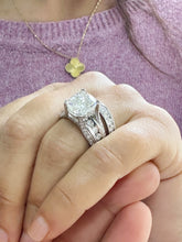 Load image into Gallery viewer, Cushion And Round Cut Sides Diamond Engagement Ring And Band Set In IGI Certified 14K Solid White Gold Hiden Halo Wedding Bridal Ring 7.50ct