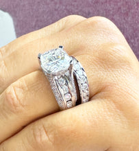 Load image into Gallery viewer, Cushion And Round Cut Sides Diamond Engagement Ring And Band Set In IGI Certified 14K Solid White Gold Hiden Halo Wedding Bridal Ring 7.50ct