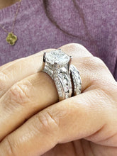 Load image into Gallery viewer, Cushion And Round Cut Sides Diamond Engagement Ring And Band Set In IGI Certified 14K Solid White Gold Hiden Halo Wedding Bridal Ring 7.50ct