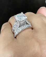 Load image into Gallery viewer, Cushion And Round Cut Sides Diamond Engagement Ring And Band Set In IGI Certified 14K Solid White Gold Hiden Halo Wedding Bridal Ring 7.50ct