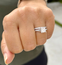 Load image into Gallery viewer, Princess Cut Moissanite and Round Cut Sides Natural Diamond Engagement Ring And Matching Band 14k Solid White Gold Wedding Bridal Set 2.10ct