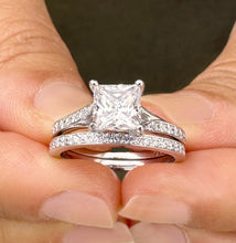 Load image into Gallery viewer, Princess Cut Moissanite and Round Cut Sides Natural Diamond Engagement Ring And Matching Band 14k Solid White Gold Wedding Bridal Set 2.10ct