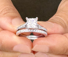 Load image into Gallery viewer, Princess Cut Moissanite and Round Cut Sides Natural Diamond Engagement Ring And Matching Band 14k Solid White Gold Wedding Bridal Set 2.10ct