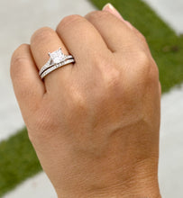 Load image into Gallery viewer, Princess Cut Moissanite and Round Cut Sides Natural Diamond Engagement Ring And Matching Band 14k Solid White Gold Wedding Bridal Set 2.10ct