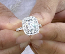 Load image into Gallery viewer, Cushion Cut And Round Cut Sides Diamond Engagement Ring Split shank IGI Certified Double Halo Women's 14k Solid White Gold 3.50ct F-VS2