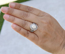 Load image into Gallery viewer, Oval Cut Moissanite and Round Cut Diamond Sides Engagement Ring And Matching Band Double Halo 14k Solid White Gold Triple Shank Style 2.80ct