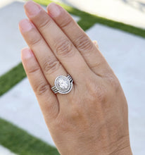 Load image into Gallery viewer, Oval Cut Moissanite and Round Cut Diamond Sides Engagement Ring And Matching Band Double Halo 14k Solid White Gold Triple Shank Style 2.80ct