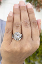 Load image into Gallery viewer, Oval Cut Moissanite and Round Cut Diamond Sides Engagement Ring And Matching Band Double Halo 14k Solid White Gold Triple Shank Style 2.80ct