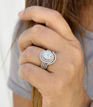Load image into Gallery viewer, Oval Cut Moissanite and Round Cut Diamond Sides Engagement Ring And Matching Band Double Halo 14k Solid White Gold Triple Shank Style 2.80ct