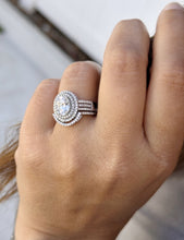 Load image into Gallery viewer, Oval Cut Moissanite and Round Cut Diamond Sides Engagement Ring And Matching Band Double Halo 14k Solid White Gold Triple Shank Style 2.80ct