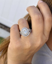 Load image into Gallery viewer, Oval Cut Moissanite and Round Cut Diamond Sides Engagement Ring And Matching Band Double Halo 14k Solid White Gold Triple Shank Style 2.80ct