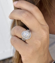 Load image into Gallery viewer, Oval Cut Moissanite and Round Cut Diamond Sides Engagement Ring And Matching Band Double Halo 14k Solid White Gold Triple Shank Style 2.80ct