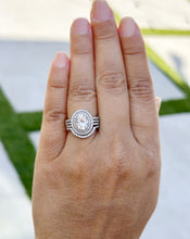 Load image into Gallery viewer, Oval Cut Moissanite and Round Cut Diamond Sides Engagement Ring And Matching Band Double Halo 14k Solid White Gold Triple Shank Style 2.80ct
