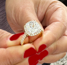 Load image into Gallery viewer, Cushion Cut Moissanite And Round Cut Sides Natural Diamonds Engagement Ring 14k Solid White Gold Bridal Ring Halo Style Wedding Ring 6.00ctw