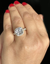 Load image into Gallery viewer, Cushion Cut Moissanite And Round Cut Sides Natural Diamonds Engagement Ring 14k Solid White Gold Bridal Ring Halo Style Wedding Ring 6.00ctw