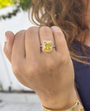 Load image into Gallery viewer, Fancy Yellow Cushion Simulated And Round Cut Natural Diamond Engagement Ring Set In 14k Solid White Gold Halo Style Right Hand Ring 5.75ctw