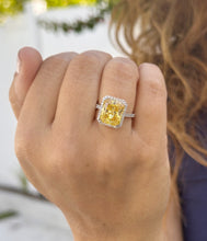 Load image into Gallery viewer, Fancy Yellow Cushion Simulated And Round Cut Natural Diamond Engagement Ring Set In 14k Solid White Gold Halo Style Right Hand Ring 5.75ctw