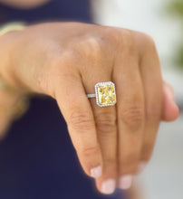 Load image into Gallery viewer, Fancy Yellow Cushion Simulated And Round Cut Natural Diamond Engagement Ring Set In 14k Solid White Gold Halo Style Right Hand Ring 5.75ctw