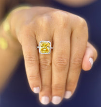 Load image into Gallery viewer, Fancy Yellow Cushion Simulated And Round Cut Natural Diamond Engagement Ring Set In 14k Solid White Gold Halo Style Right Hand Ring 5.75ctw