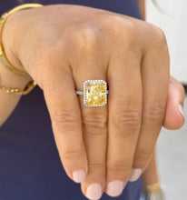Load image into Gallery viewer, Fancy Yellow Cushion Simulated And Round Cut Natural Diamond Engagement Ring Set In 14k Solid White Gold Halo Style Right Hand Ring 5.75ctw