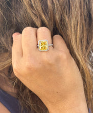 Load image into Gallery viewer, Fancy Yellow Cushion Simulated And Round Cut Natural Diamond Engagement Ring Set In 14k Solid White Gold Halo Style Right Hand Ring 5.75ctw