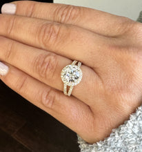 Load image into Gallery viewer, Cushion Cut Lab Pink Sapphire And Round Cut Sides Lab Diamonds Engagement Ring And Matching Band 14K Solid Yellow Gold Halo Wedding Set 3.00